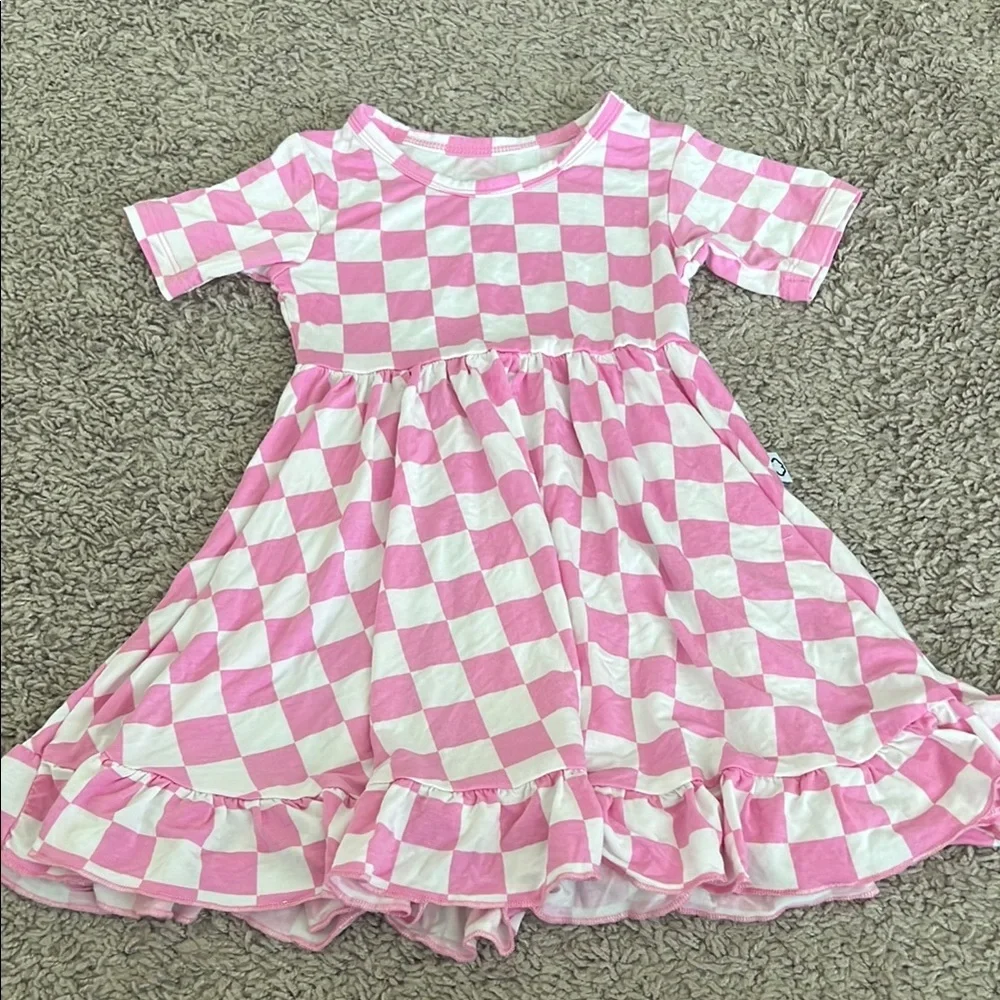 Dream Big Little Toddler Pink & White Checkered Bamboo Flair Dress